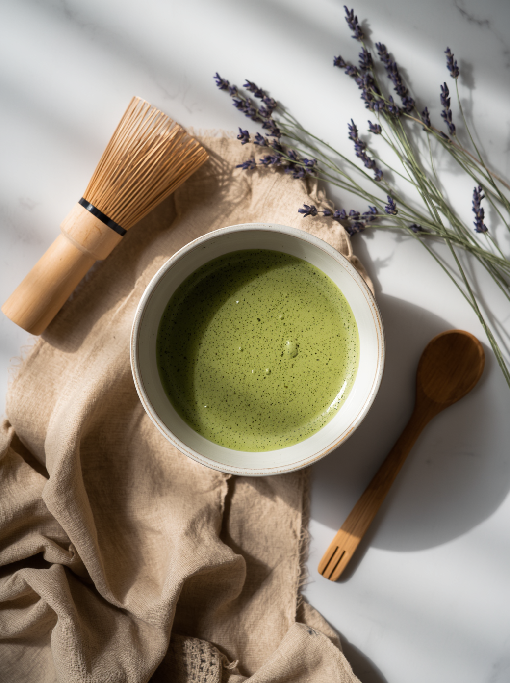 Calm ritual setup with matcha and lavender