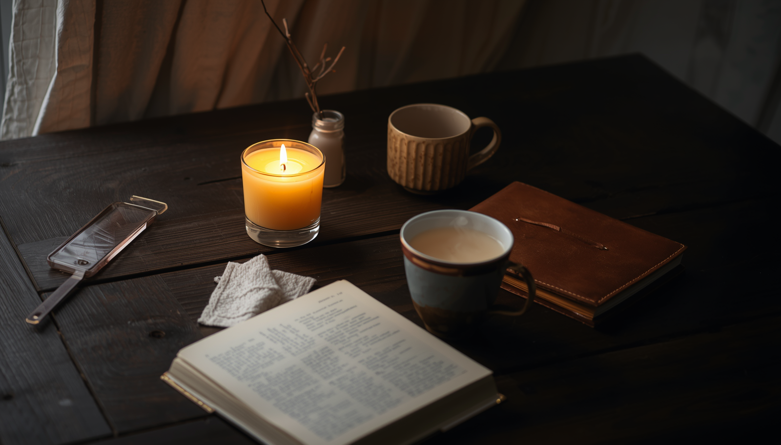 Anna's writing desk: notebook, ceramic mug, candle, supplement bottle, dried flowers